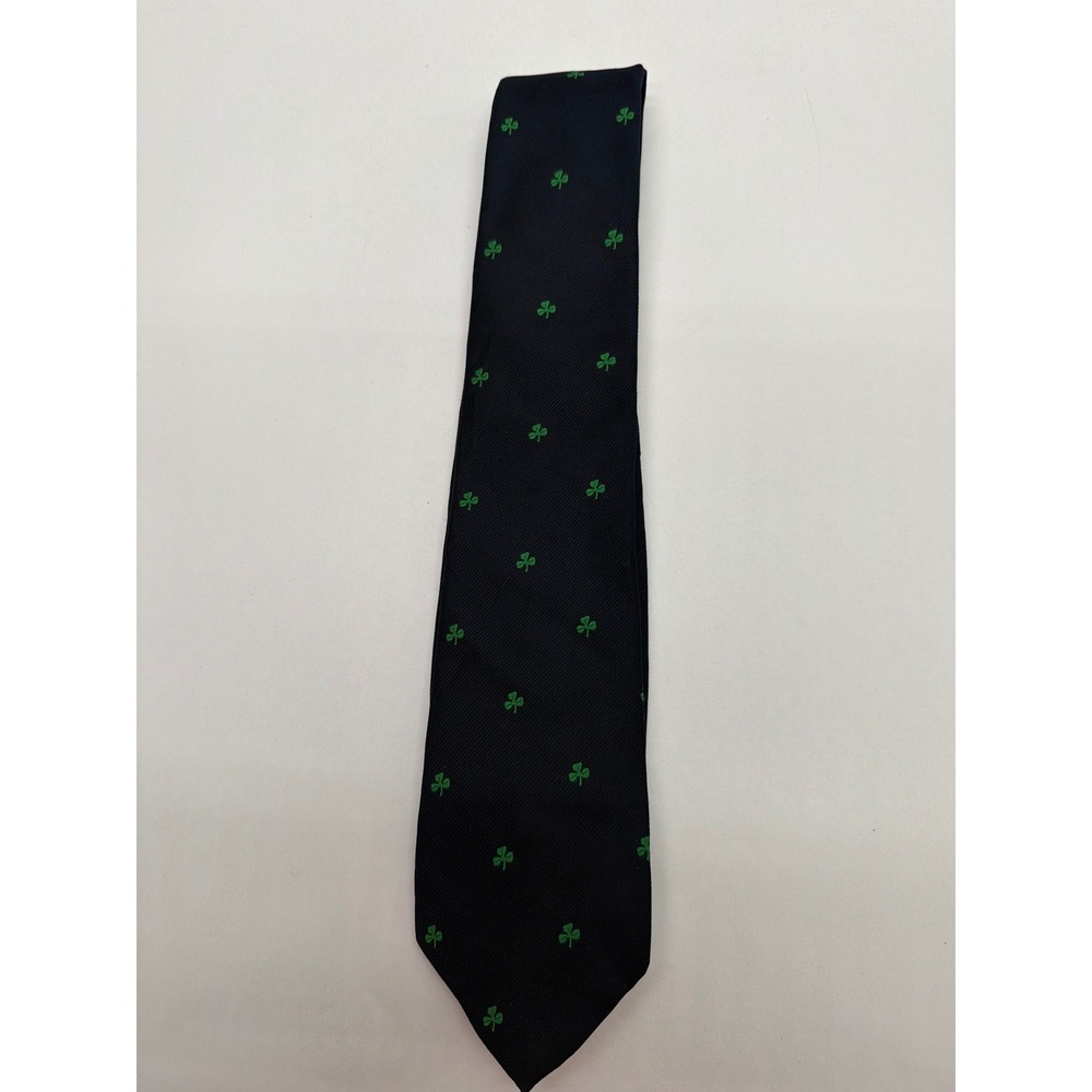 Vintage Marshall Fields Mens Navy Blue Green Shamrock Clover Polyester Tie USA
